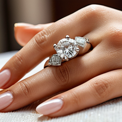 **

A close-up shot of a Salvadoran bride's hand, showcasing a classic solitaire engagement ring with a dazzling diamond. The background is slightly blurred, perhaps hinting at a church setting. Focus on the sparkle of the diamond and the delicate details of the ring. The lighting should be soft and romantic.

**