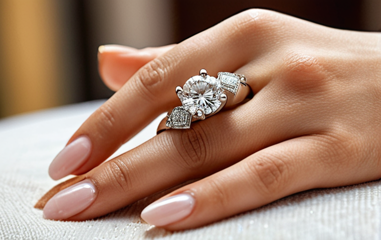**

A close-up shot of a Salvadoran bride's hand, showcasing a classic solitaire engagement ring with a dazzling diamond. The background is slightly blurred, perhaps hinting at a church setting. Focus on the sparkle of the diamond and the delicate details of the ring. The lighting should be soft and romantic.

**