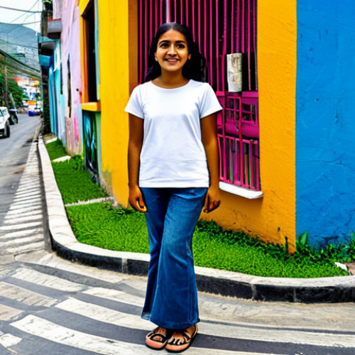 Young Salvadoran Poet**

"A young, aspiring Salvadoran poet, fully clothed in modest, contemporary clothing, perhaps jeans and a t-shirt or a simple dress, standing on a vibrant street corner in San Salvador. In the background, colorful murals adorn the buildings. Perfect anatomy, natural pose, professional photography, high quality, safe for work, appropriate content, family-friendly."

**