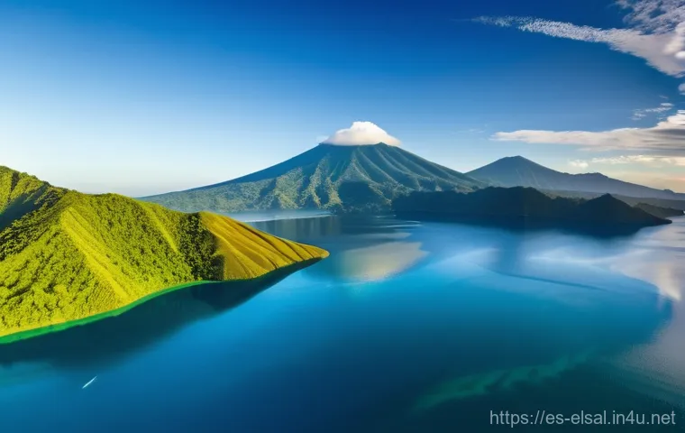 엘살바도르 코아테페케 호수 - **Vibrant Waters and Volcanic Majesty**
"A serene panoramic aerial view of Lake Coatepeque in El...