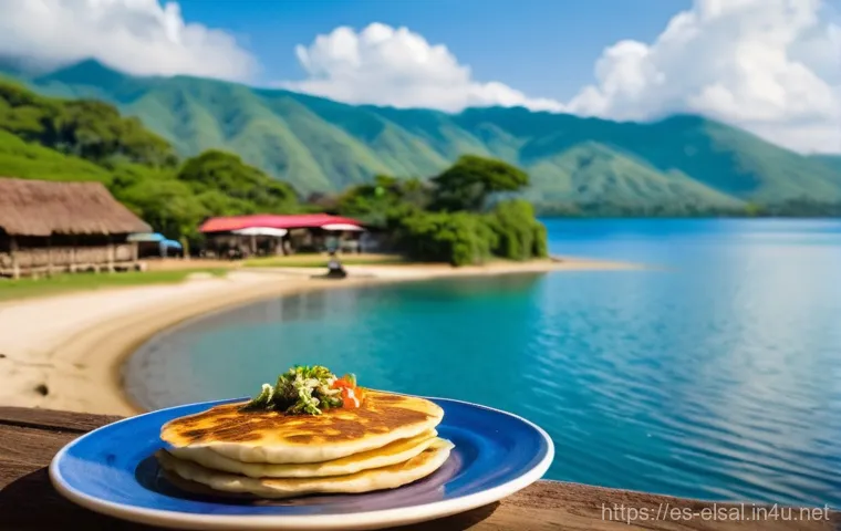 엘살바도르 코아테페케 호수 - **Vibrant Waters and Volcanic Majesty**
    "A serene panoramic aerial view of Lake Coatepeque in El...