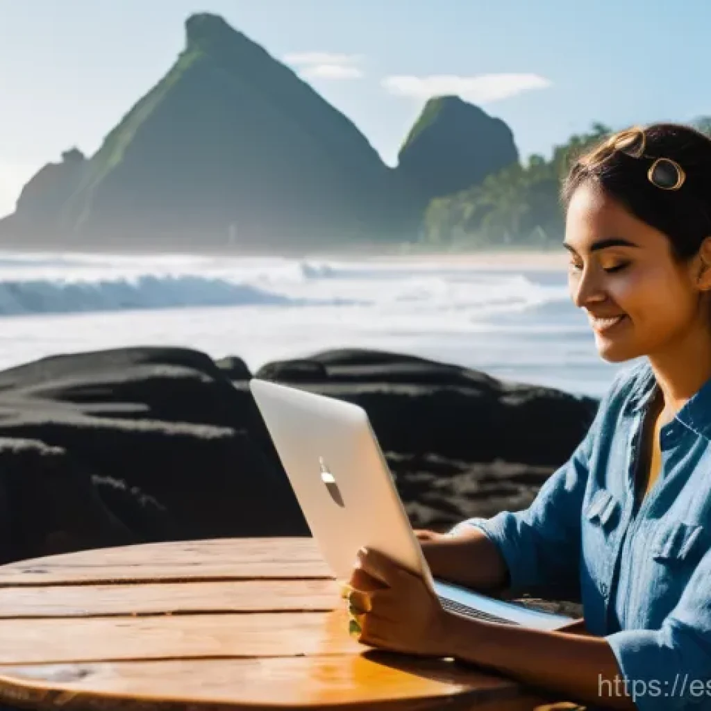 엘살바도르에서 장기 체류 방법 - **Digital Nomad Working Remotely at El Tunco Beach, El Salvador:** A vibrant and sunny image featuri...