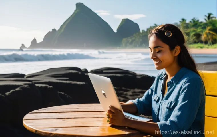 엘살바도르에서 장기 체류 방법 - **Digital Nomad Working Remotely at El Tunco Beach, El Salvador:** A vibrant and sunny image featuri...