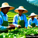 엘살바도르 무역 산업 및 수출입 품목 - A vibrant coffee farm scene in El Salvador showcasing a harmonious blend of traditional and modern a...