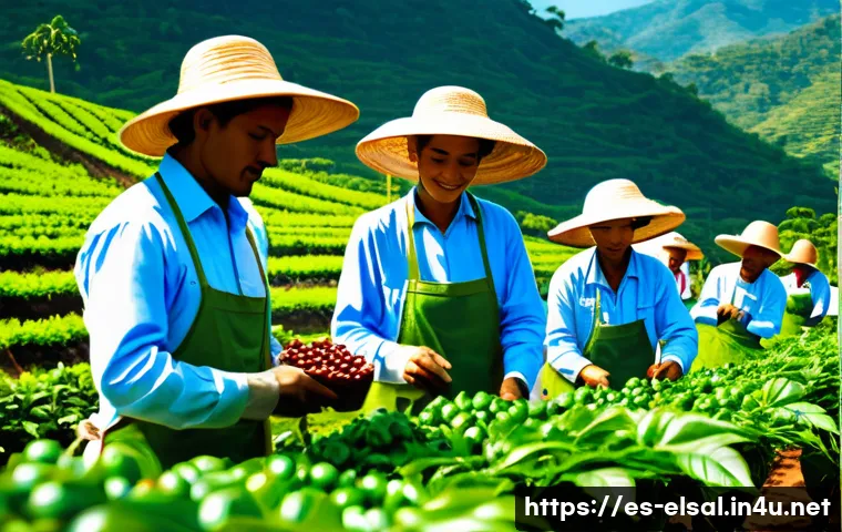 엘살바도르 무역 산업 및 수출입 품목 - A vibrant coffee farm scene in El Salvador showcasing a harmonious blend of traditional and modern a...