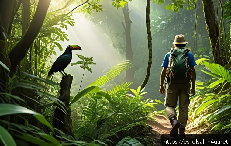 엘살바도르 자연 보호구역 탐방 - A lush tropical rainforest scene from El Imposible Natural Reserve in El Salvador, featuring towerin...