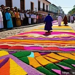 엘살바도르와 멕시코 문화 차이 - A vibrant and detailed street scene during El Salvador&rsquo;s Semana Santa celebration, featuring colorfu...