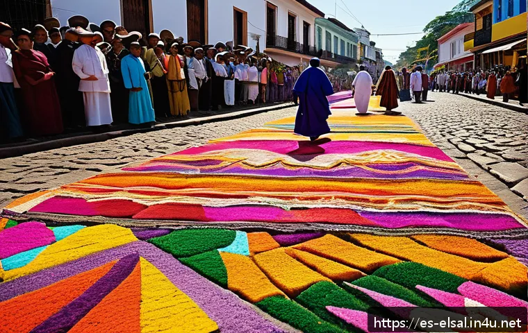 엘살바도르와 멕시코 문화 차이 - A vibrant and detailed street scene during El Salvador&rsquo;s Semana Santa celebration, featuring colorfu...