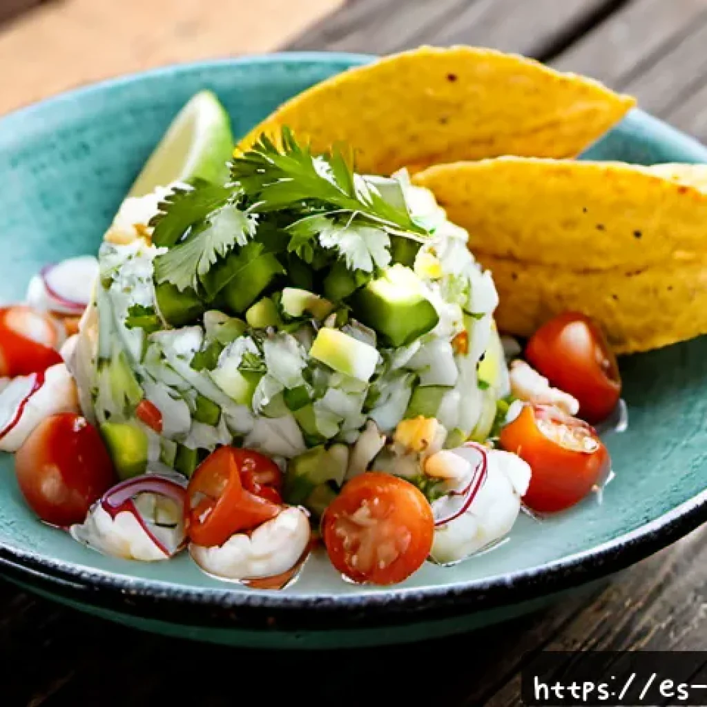 엘살바도르에서 가장 인기 있는 해산물 요리 - Photorealistic close-up of Salvadoran ceviche, a chilled glass bowl overflowing with fresh shrimp, w...
